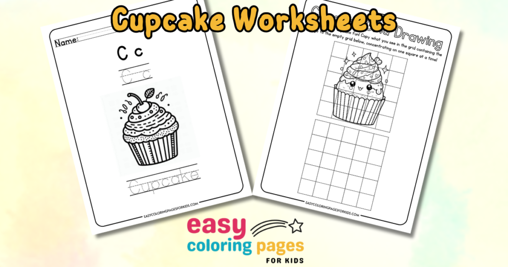 Cupcake worksheets for kids featuring a coloring page and a drawing activity. The left side includes a cupcake illustration with the letter 'C' for tracing, while the right side provides a grid for copy drawing practice. Ideal for early childhood education and fun learning activities.