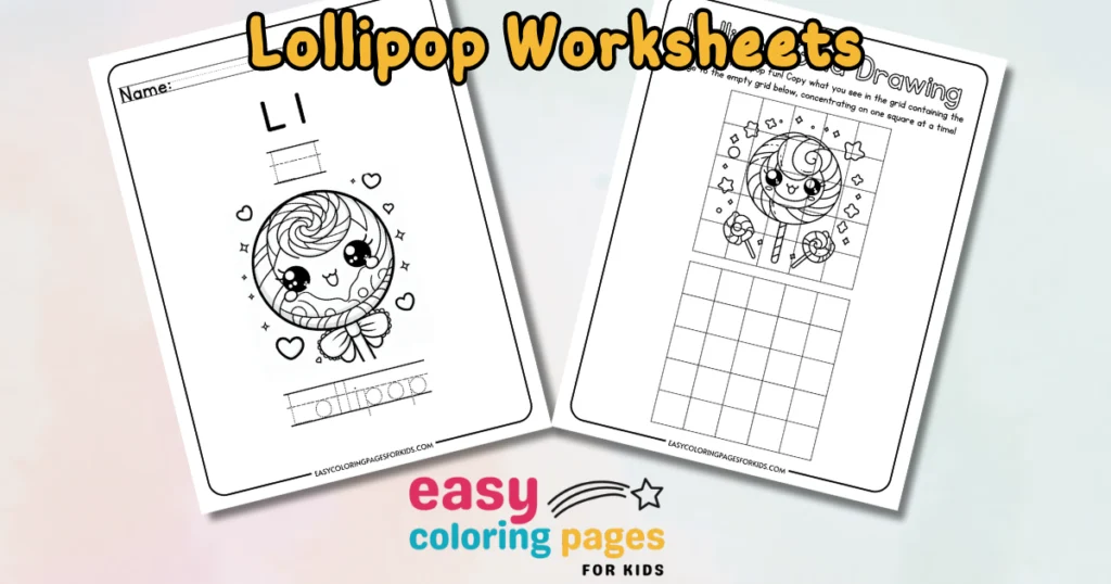 Lollipop-themed worksheets for kids featuring a coloring page and a grid drawing activity. Ideal for enhancing creativity and fine motor skills. Perfect for educational use at home or in the classroom.