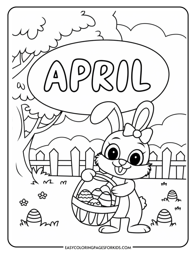 Coloring page featuring a cheerful bunny holding a basket of decorated Easter eggs, surrounded by a spring landscape with trees and a picket fence, labeled "April." Ideal for kids' coloring activities.