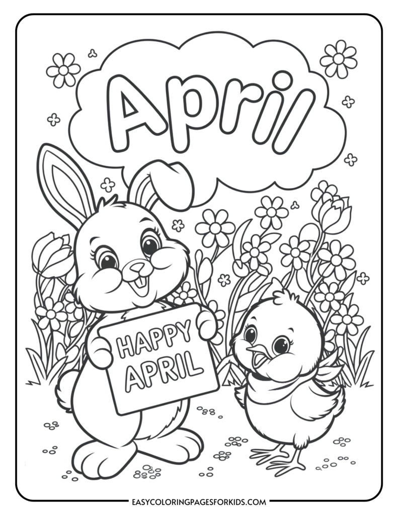 Coloring page featuring a cheerful bunny holding a sign that says "Happy April" alongside a cute chick, surrounded by flowers, ideal for kids' activities.