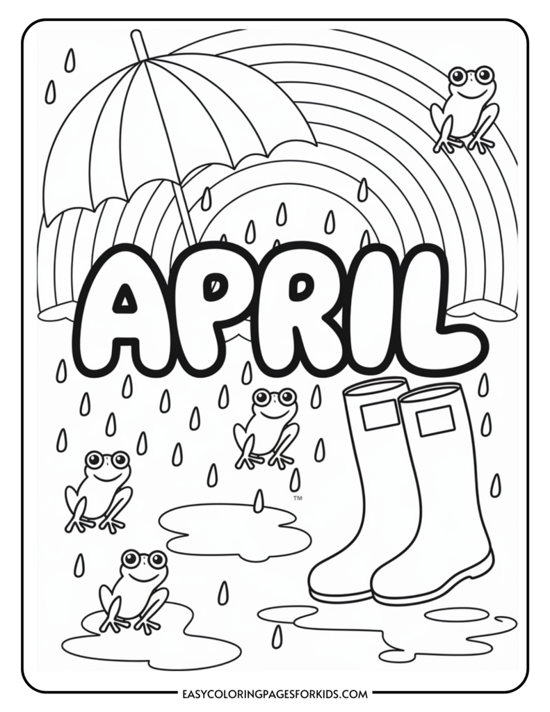 Coloring page featuring the word "April" with illustrations of frogs, raindrops, an umbrella, and rain boots, symbolizing spring and rainy weather.