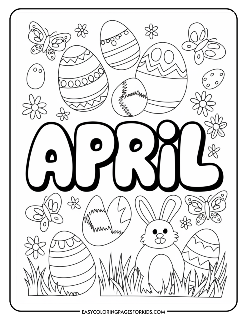 Coloring page featuring the word "April" surrounded by decorated Easter eggs, butterflies, flowers, and a cute bunny, ideal for children's activities and spring-themed crafts.