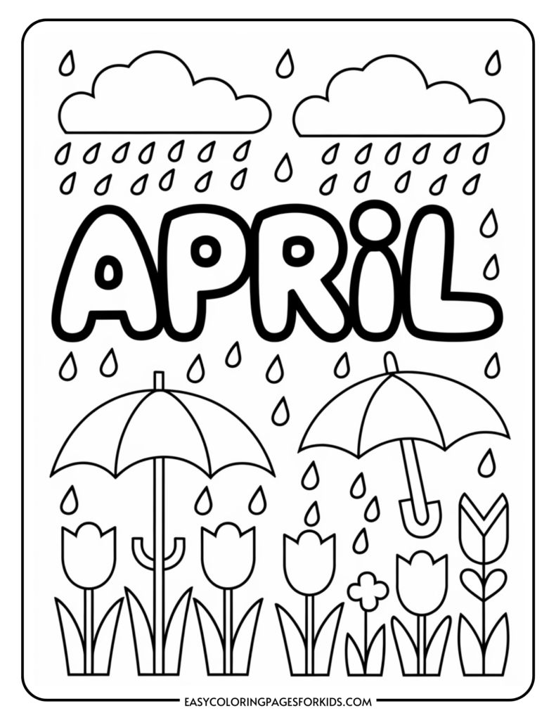 Black and white coloring page featuring the word "April" with clouds, rain, umbrellas, and blooming flowers, ideal for kids' spring-themed activities.