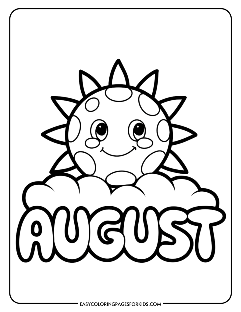 Black and white coloring page featuring a smiling sun with polka dots above the word "August" in bold, playful letters, ideal for children's art activities.