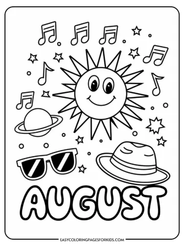 Coloring page featuring a cheerful sun, planets, sunglasses, musical notes, and the word 