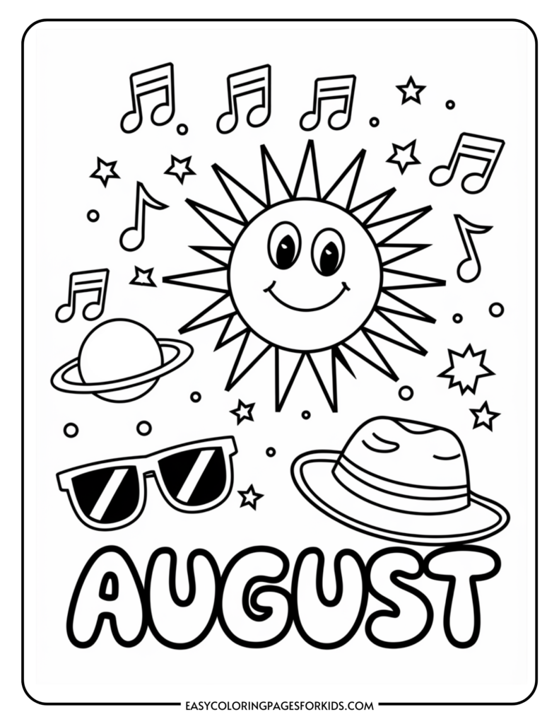 Coloring page featuring a cheerful sun, planets, sunglasses, musical notes, and the word "August," designed for kids' creative activities.