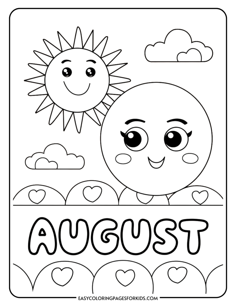 Coloring page for kids featuring a cheerful sun and a smiling moon, with clouds and hills adorned with hearts, labeled "August" at the bottom. Ideal for summer-themed art activities.