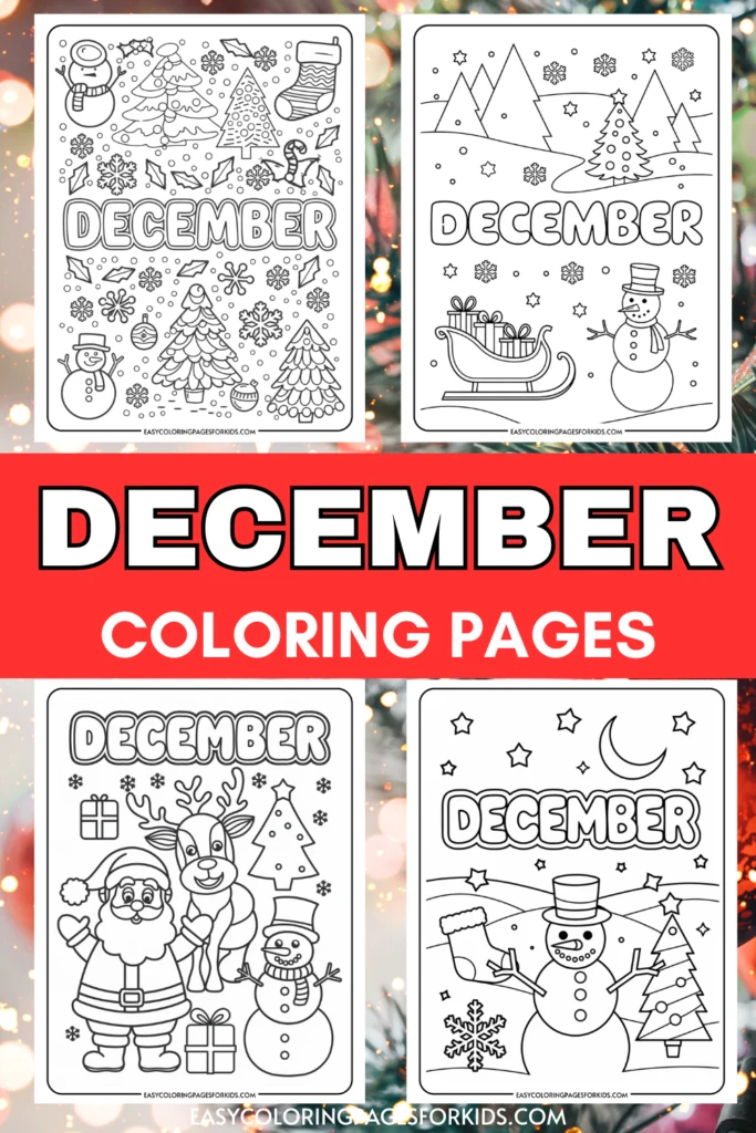 December coloring pages featuring festive designs such as snowmen, Christmas trees, reindeer, and holiday decorations, perfect for kids' seasonal activities. Ideal for enhancing creativity and fine motor skills during the winter months.