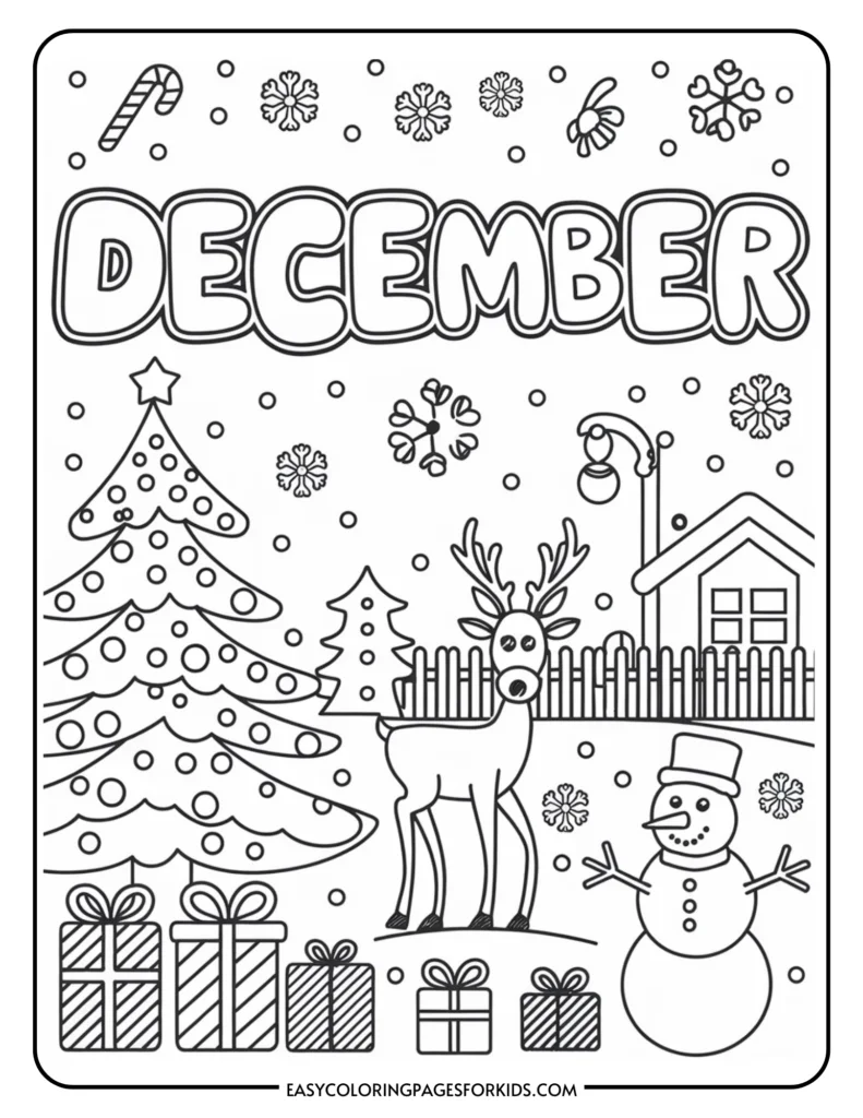 December-themed coloring page featuring a decorated Christmas tree, a snowman, a reindeer, presents, and snowflakes, perfect for kids' holiday activities.