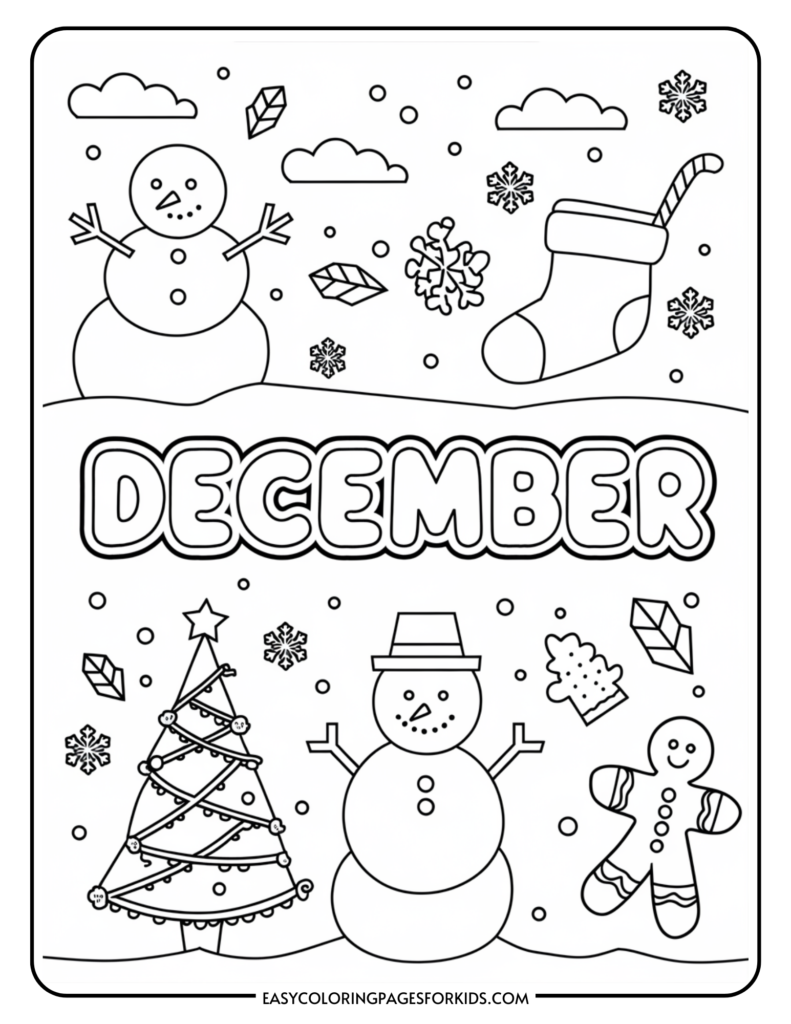 Coloring page for December featuring a snowman, Christmas tree, stocking, gingerbread man, and snowflakes, designed for kids' holiday-themed activities.