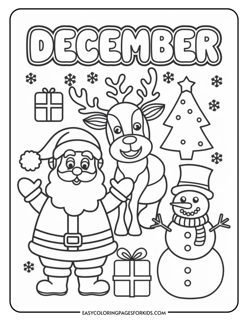 Coloring page featuring festive December imagery, including Santa Claus, a reindeer, a snowman, a Christmas tree, and wrapped gifts, designed for children's holiday activities.