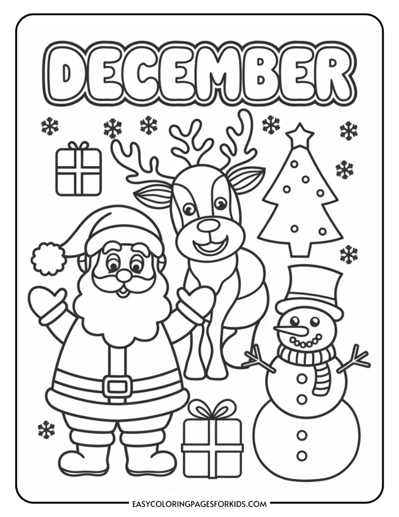 Coloring page featuring festive December imagery, including Santa Claus, a reindeer, a snowman, a Christmas tree, and wrapped gifts, designed for children's holiday activities.