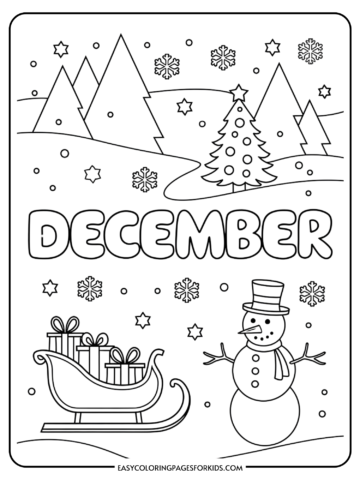 Coloring page featuring a winter scene with a snowman, Christmas tree, sleigh with presents, and snowflakes, labeled 