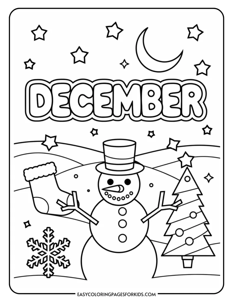 Coloring page featuring a cheerful snowman, a decorated Christmas tree, a festive stocking, and the word "December," surrounded by stars and a crescent moon, perfect for kids' holiday activities.