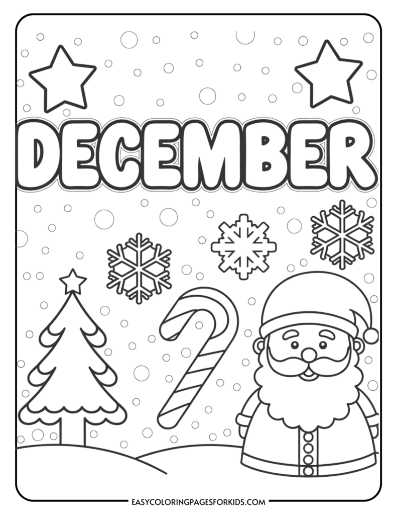 Coloring page featuring festive December themes, including a smiling Santa Claus, a Christmas tree, snowflakes, and a candy cane, designed for children's coloring activities.