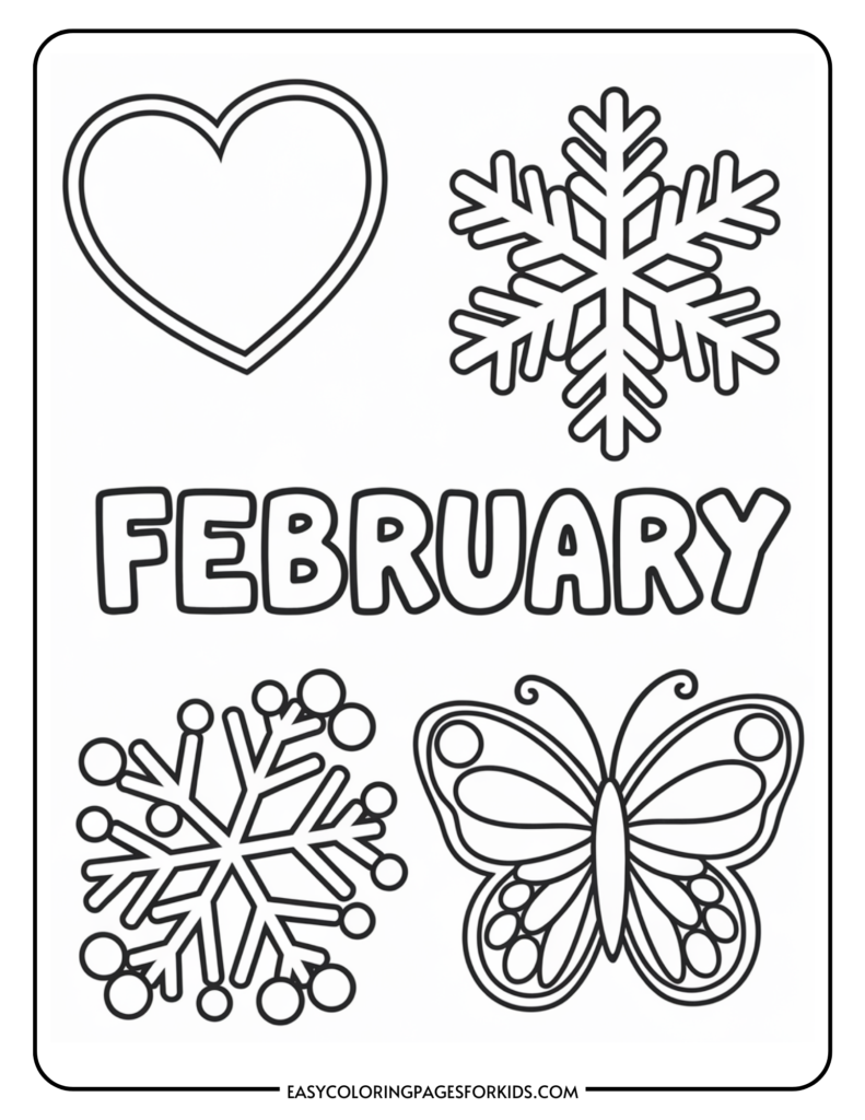 Coloring page featuring February-themed designs, including a heart, snowflakes, and a butterfly, suitable for kids' activities.