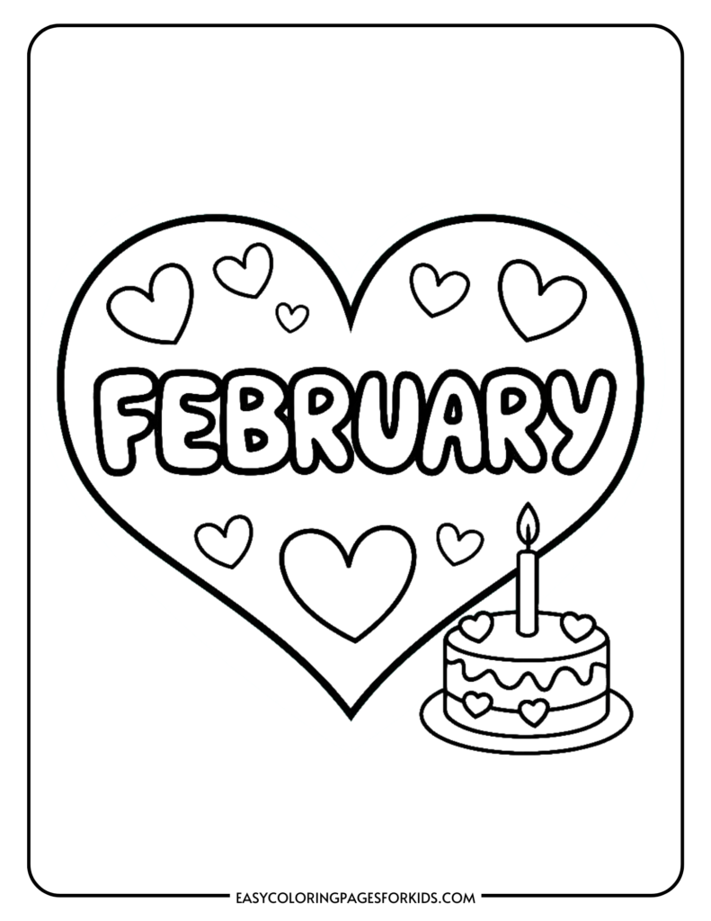 Coloring page featuring the word "February" inside a heart shape, surrounded by smaller hearts and an illustration of a birthday cake with a candle. Ideal for kids' activities and celebrating February events.