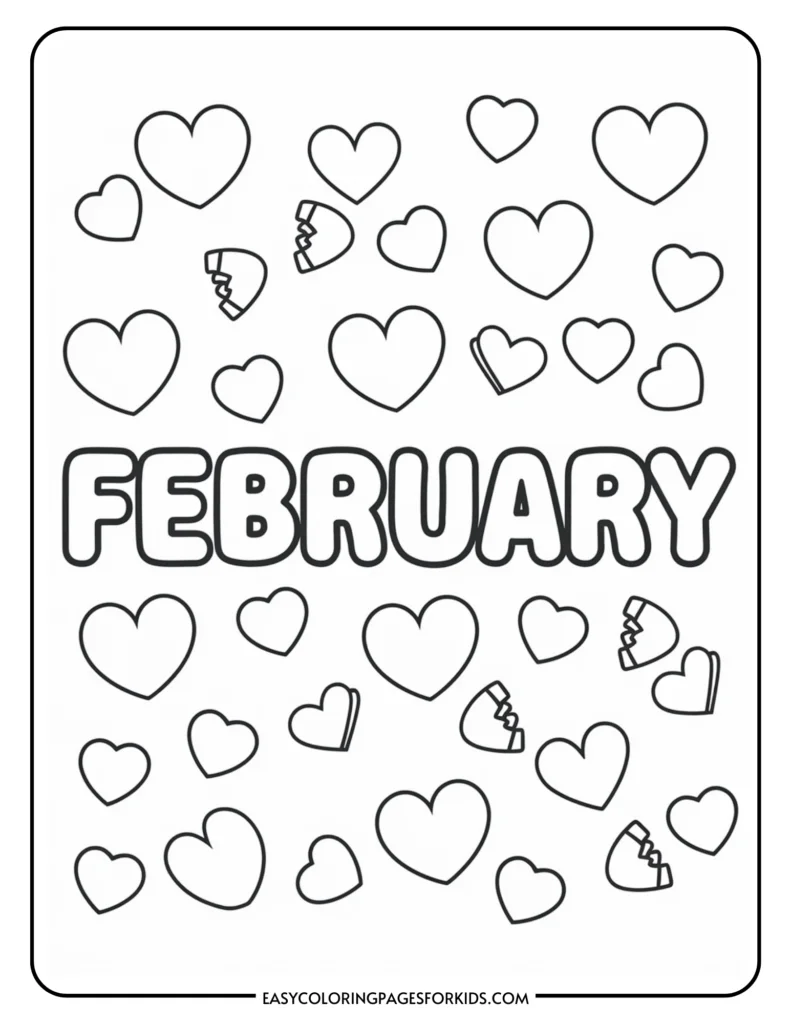 Coloring page for February featuring various heart shapes and the word "FEBRUARY" in bold letters, ideal for kids' activities and seasonal crafts.