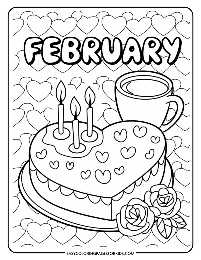 Coloring page featuring a heart-shaped birthday cake with candles, a cup of hot beverage, and decorative roses, themed for February with hearts in the background. Perfect for kids' activities and celebrating Valentine's Day.