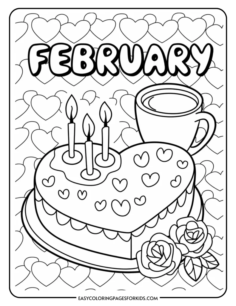 Coloring page featuring a heart-shaped birthday cake with candles, a cup of hot beverage, and decorative roses, themed for February with hearts in the background. Perfect for kids' activities and celebrating Valentine's Day.