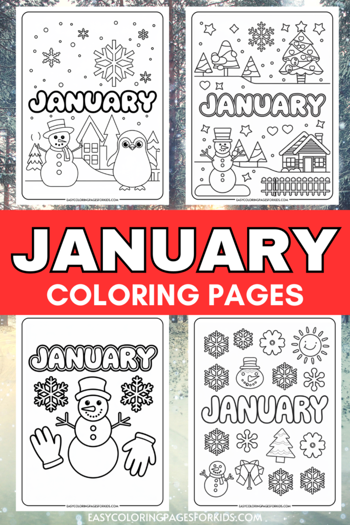 January coloring pages featuring winter-themed designs such as snowmen, penguins, snowflakes, and festive trees. Perfect for kids to engage in creative activities during the winter season.