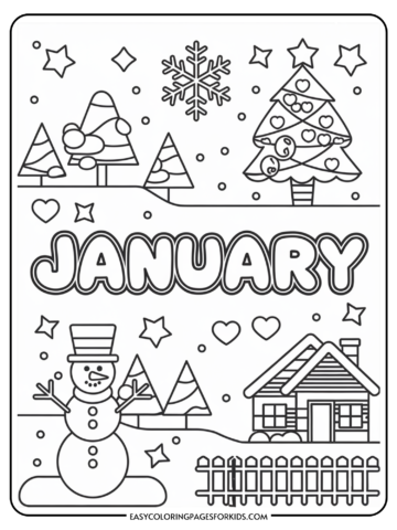 Coloring page for January featuring a snowman, decorated Christmas trees, a cozy house, and winter elements like snowflakes and stars, designed for kids' creative activities.