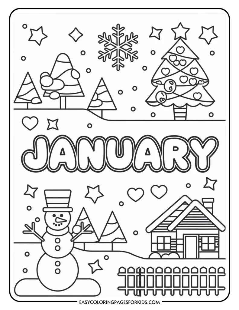 Coloring page for January featuring a snowman, decorated Christmas trees, a cozy house, and winter elements like snowflakes and stars, designed for kids' creative activities.