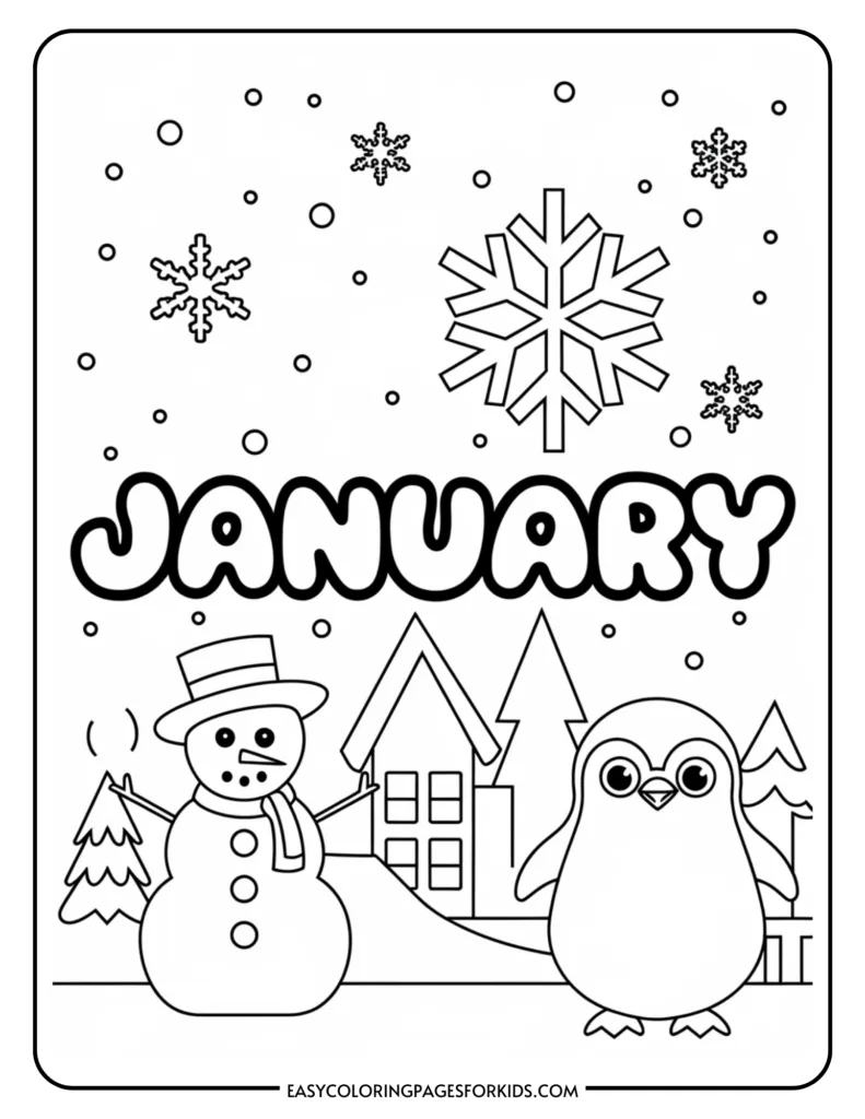 Coloring page featuring a snowman, a penguin, snowflakes, and a winter scene with the word "January" prominently displayed, perfect for kids' winter-themed activities.