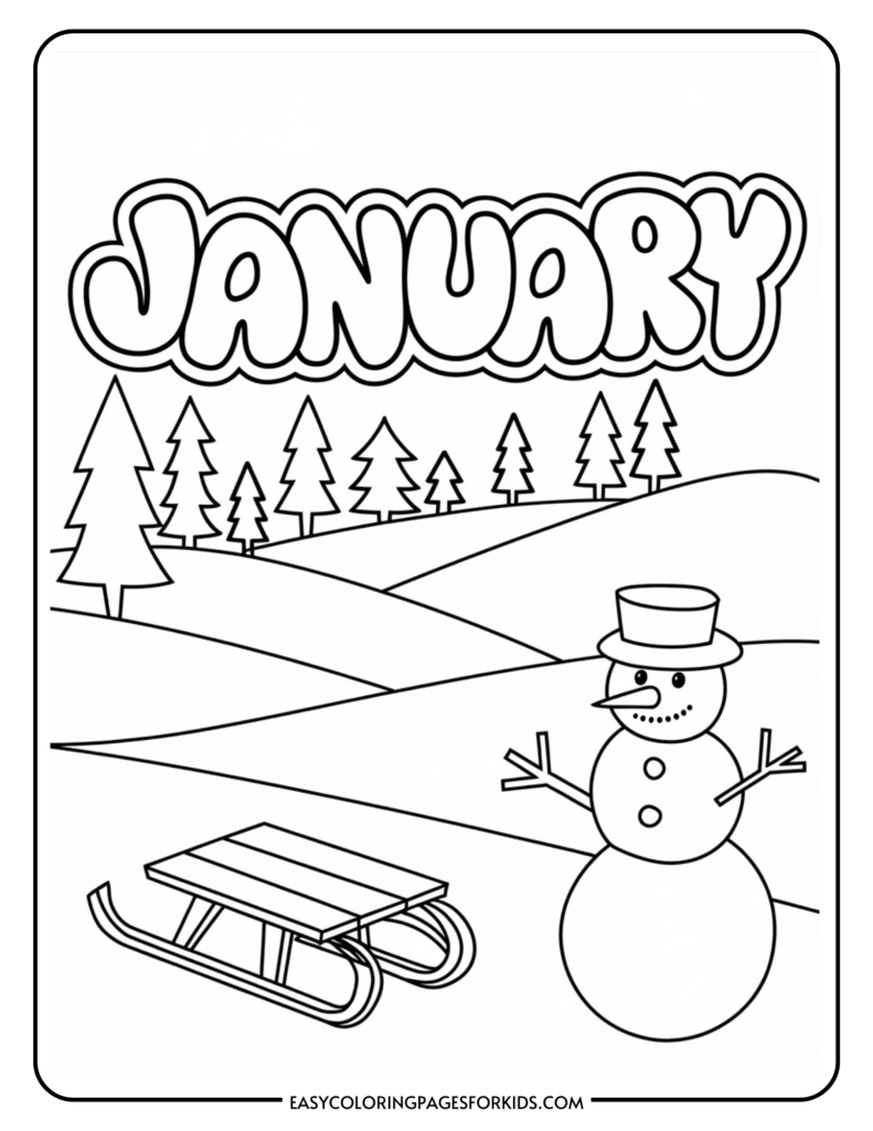 Black and white coloring page for January featuring a snowman, a sled, and winter trees in a snowy landscape. Ideal for kids' winter-themed art activities.