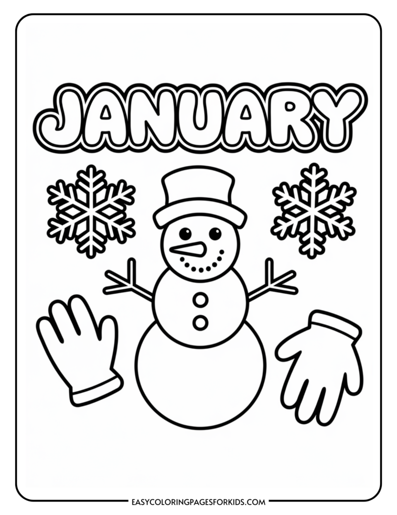 Coloring page featuring a cheerful snowman, snowflakes, and the month "January," designed for kids' winter-themed activities. Ideal for enhancing creativity and fine motor skills through coloring.