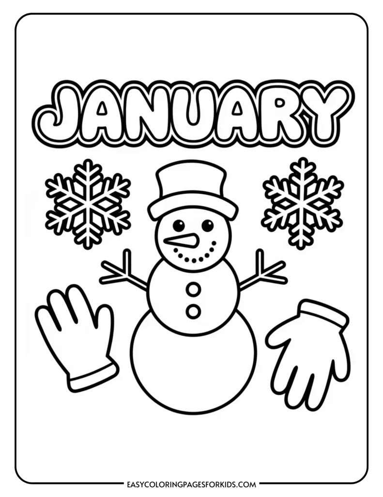 Coloring page featuring a cheerful snowman, snowflakes, and the month "January," designed for kids' winter-themed activities. Ideal for enhancing creativity and fine motor skills through coloring.