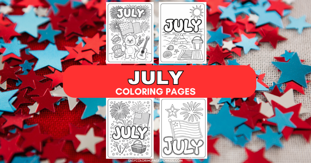 Coloring pages for July featuring fun summer themes, including fireworks, beach scenes, and festive elements, surrounded by red and blue star confetti. Ideal for kids' activities and holiday celebrations.