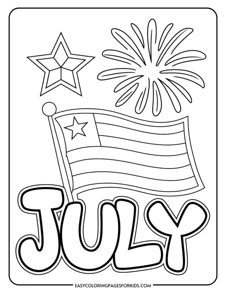 Black and white coloring page featuring a waving American flag, a star, and fireworks, with the word "JULY" prominently displayed, ideal for kids' independence day activities.