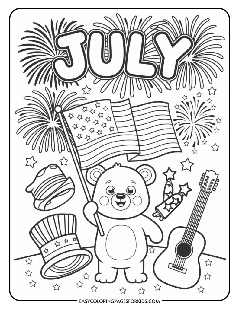 Coloring page featuring a cute bear holding an American flag, surrounded by festive elements like fireworks, a guitar, a top hat, and stars, themed for July celebrations.