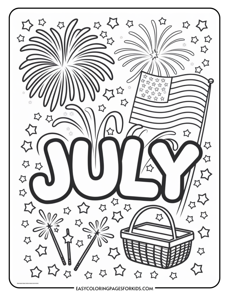 Coloring page featuring the word "July" surrounded by fireworks, an American flag, and a picnic basket, celebrating summer and Independence Day themes.