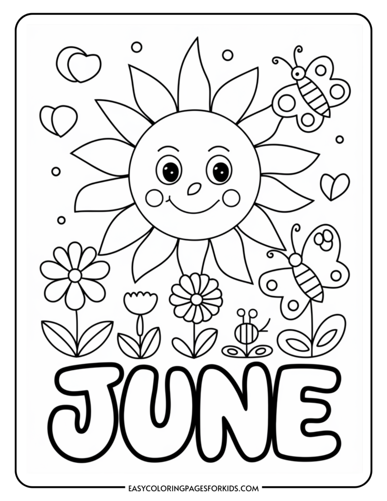 Coloring page for kids featuring a cheerful sun with a smiling face, surrounded by flowers, butterflies, and hearts, with the word "JUNE" prominently displayed at the bottom. Ideal for summer-themed activities and creative expression.