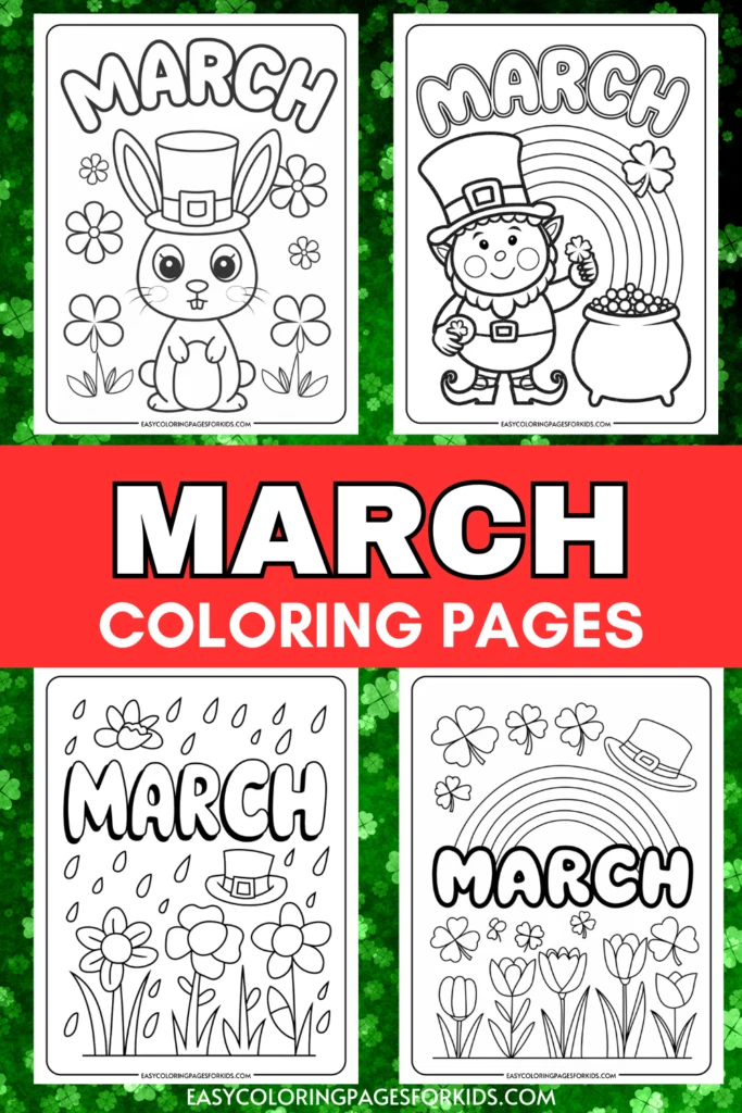 March coloring pages featuring playful designs, including a bunny, a leprechaun, flowers, and rainbows, perfect for kids' creativity and seasonal fun.