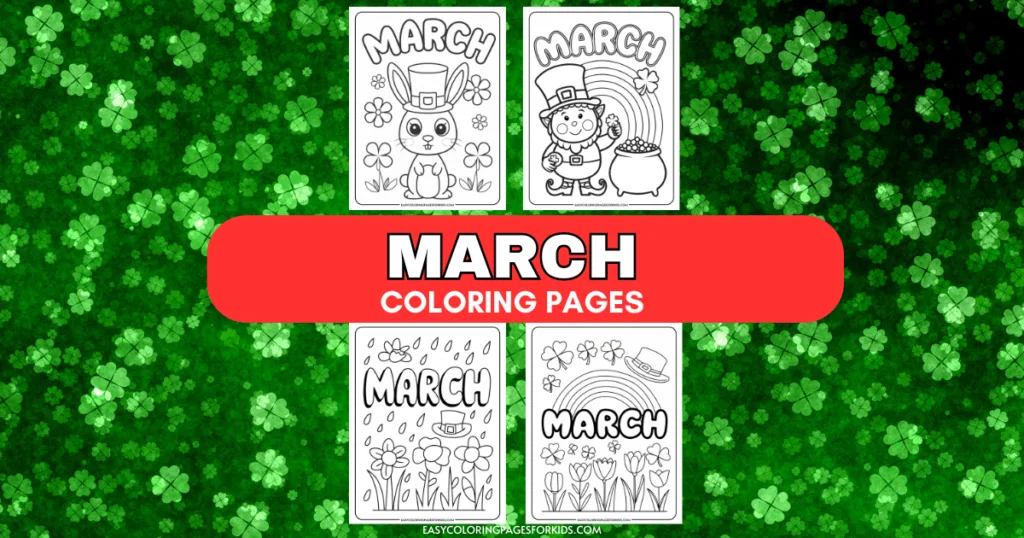 March coloring pages featuring festive designs such as a leprechaun, a bunny, and spring flowers, set against a green clover background. Perfect for children's activities celebrating March and St. Patrick's Day.