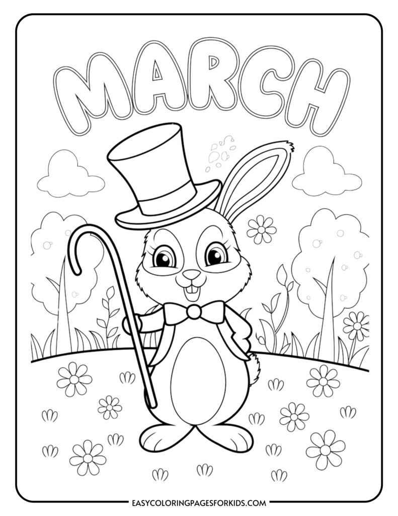 Coloring page featuring a cheerful rabbit in a top hat and bow tie, holding a cane, surrounded by flowers and trees, with the word "MARCH" at the top, perfect for kids' spring-themed activities.