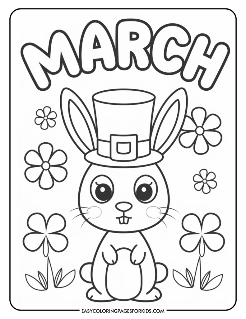 March-themed coloring page featuring a cute bunny wearing a top hat, surrounded by flowers and clovers, perfect for kids' spring activities.