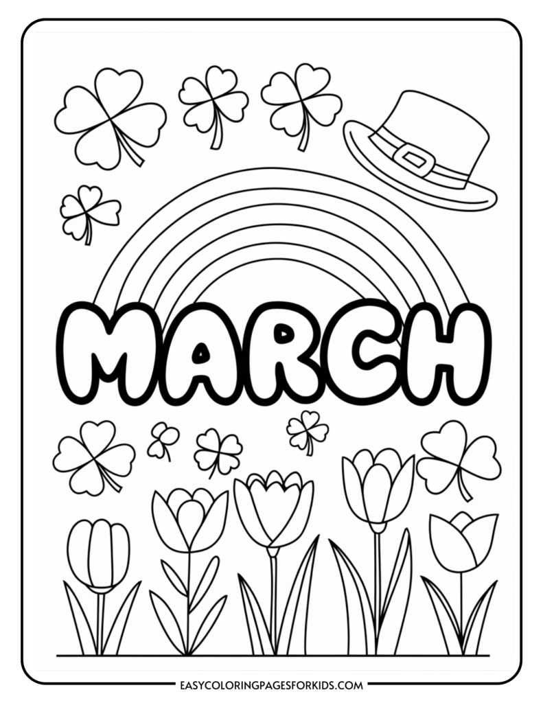 Coloring page featuring the word "MARCH" surrounded by shamrocks, a rainbow, and tulips, ideal for kids' spring-themed activities and St. Patrick's Day celebrations.