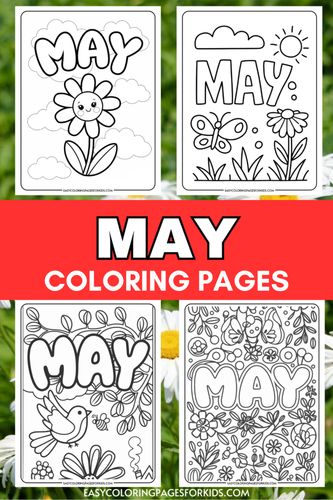 Four May-themed coloring pages featuring cheerful designs, including flowers, butterflies, and birds, perfect for kids to celebrate spring through creative activities.