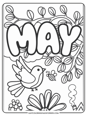 Coloring page featuring the word "May" surrounded by floral designs, a bird, and a bee, ideal for spring-themed activities and educational purposes.