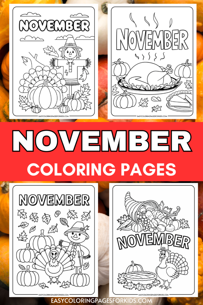 November-themed coloring pages featuring a scarecrow, Thanksgiving turkey, cornucopia, and autumn leaves, designed for kids to enjoy creative activities during the fall season.