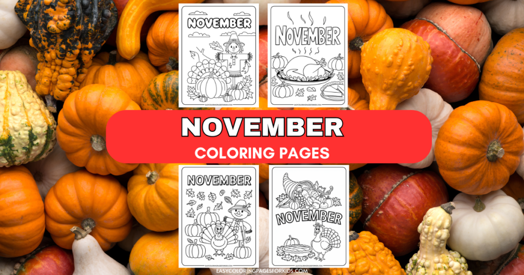 November coloring pages featuring festive designs of pumpkins, a turkey, and autumn themes, set against a background of various colorful gourds. Ideal for kids' creative activities during the fall season.