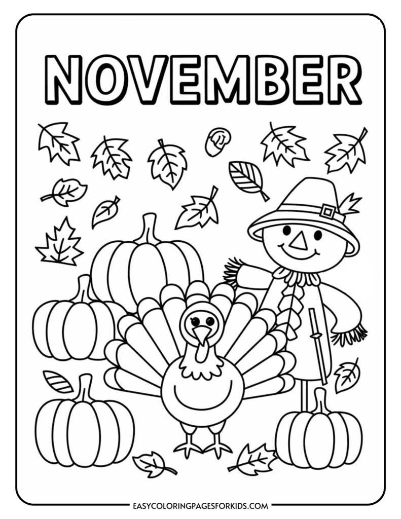 Coloring page for November featuring a cheerful scarecrow, a turkey, and pumpkins surrounded by autumn leaves. Perfect for kids' fall-themed activities and Thanksgiving celebrations.