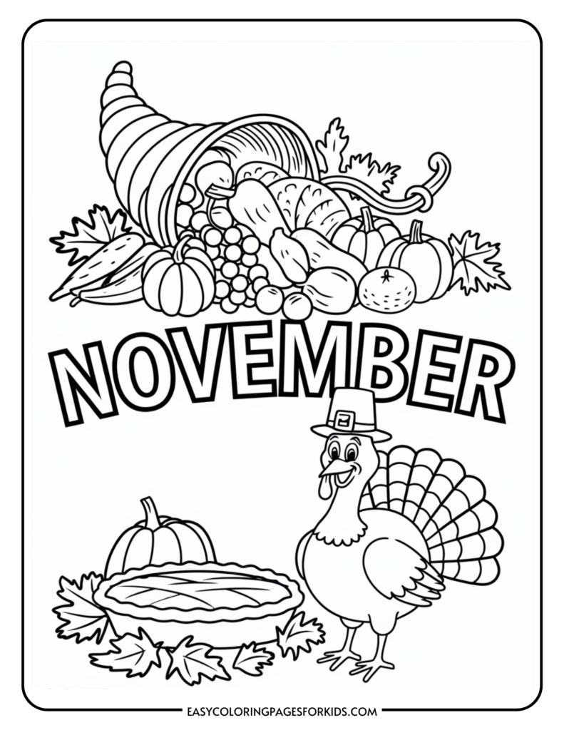 Coloring page featuring a cornucopia filled with fruits and vegetables, a turkey wearing a pilgrim hat, a pumpkin, and a pie, with the word "NOVEMBER" prominently displayed. Ideal for Thanksgiving-themed activities for kids.