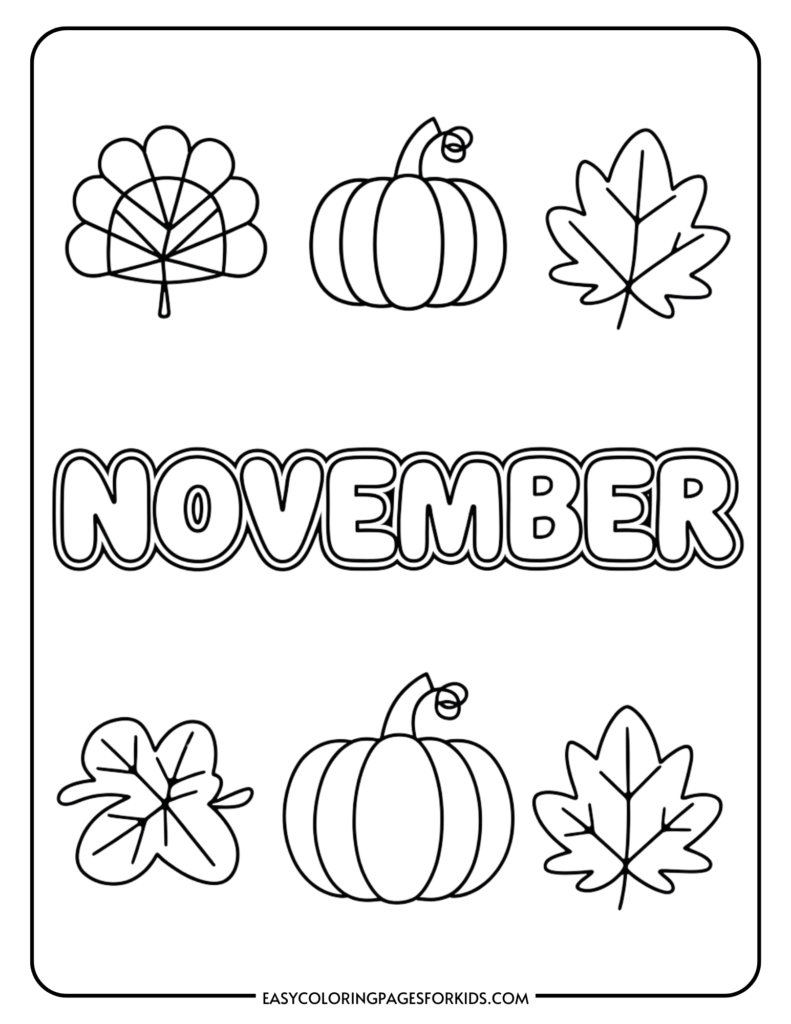 Coloring page featuring the word "November" surrounded by autumn-themed illustrations, including pumpkins and various leaves, suitable for kids' activities.