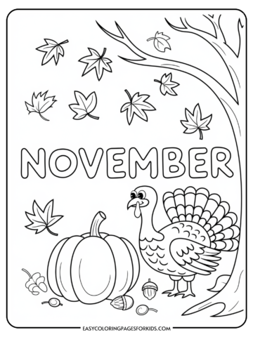 Thanksgiving-themed coloring page featuring a turkey, pumpkin, and autumn leaves with the word 