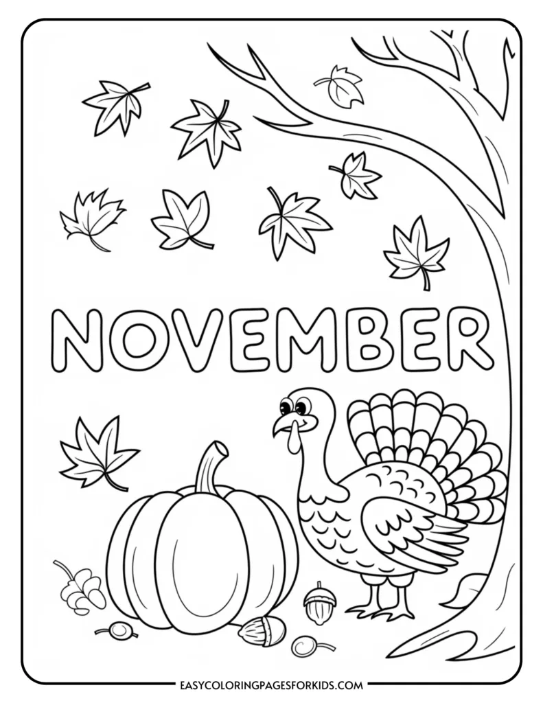 Thanksgiving-themed coloring page featuring a turkey, pumpkin, and autumn leaves with the word "November" prominently displayed. Ideal for kids' activities and seasonal art projects.